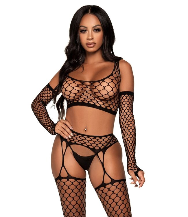 Net Crop Top, Garter Stockings and Gloves