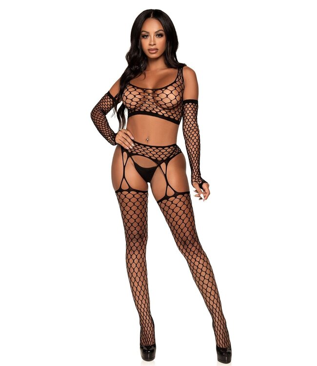 Net Crop Top, Garter Stockings and Gloves