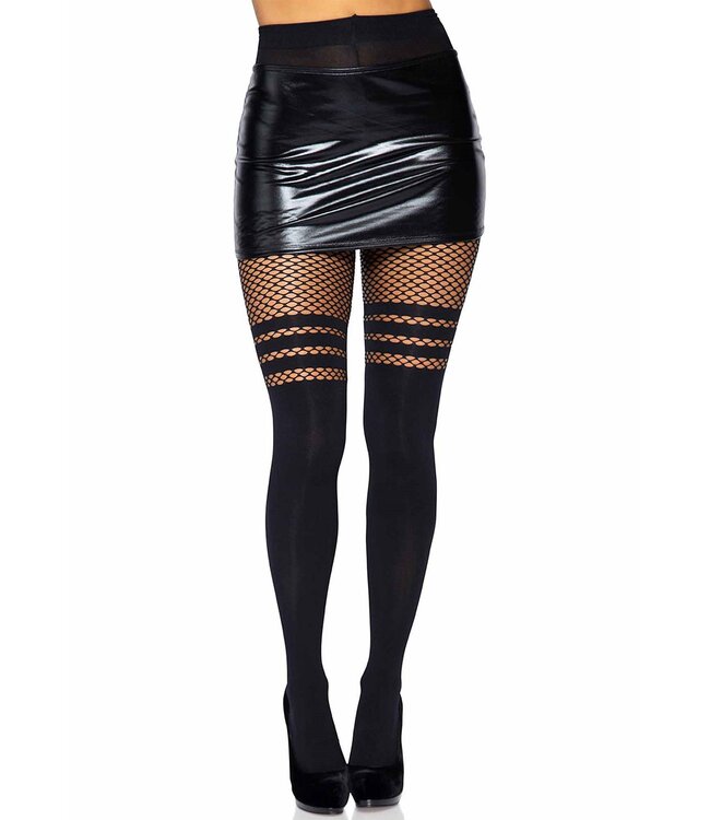 Seamless Opaque Pantyhose with Fishnet Stripe