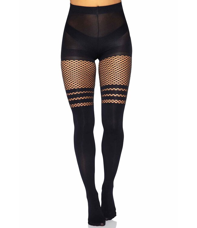 Seamless Opaque Pantyhose with Fishnet Stripe