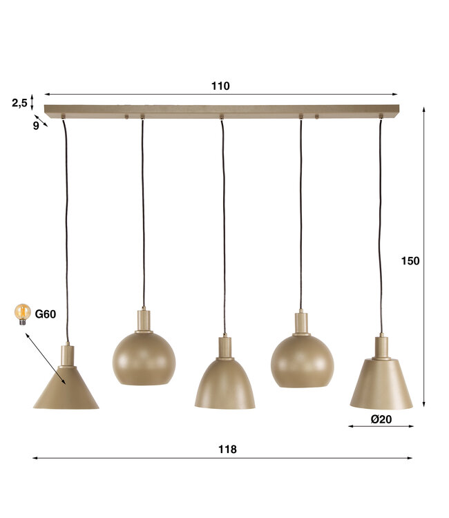 HELDR! Industrielle Pendelleuchte Adani 5L - Beige