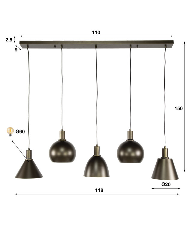 HELDR! Industrielle Pendelleuchte Adani 5L - Braun/Bronze