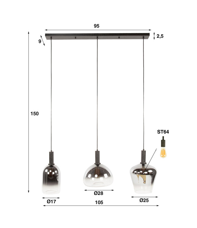 HELDR! Design-Pendelleuchte Eleonora 3L - Chrom/Transparent
