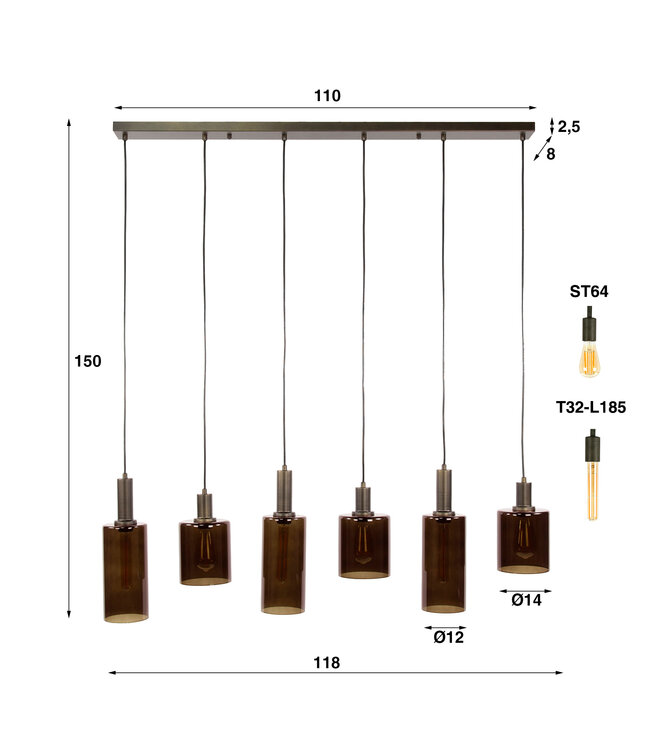 HELDR! Design-Pendelleuchte Firenze 6L - Bronze/Braun