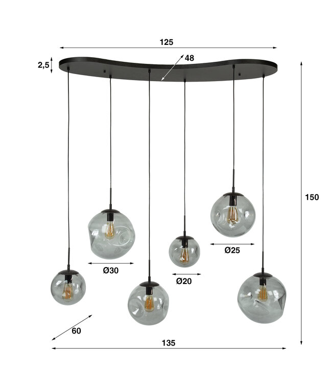 HELDR! Design-Pendelleuchte Siena 6L - Schwarz/Rauchglas