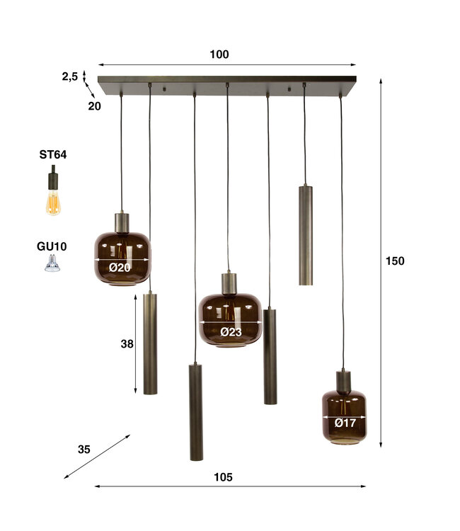 HELDR! Design-Pendelleuchte Xanthi 7L - Bronze/Braun