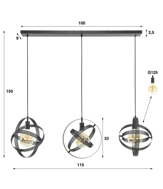 HELDR! Moderne Pendelleuchte Adino 3L - Schwarz