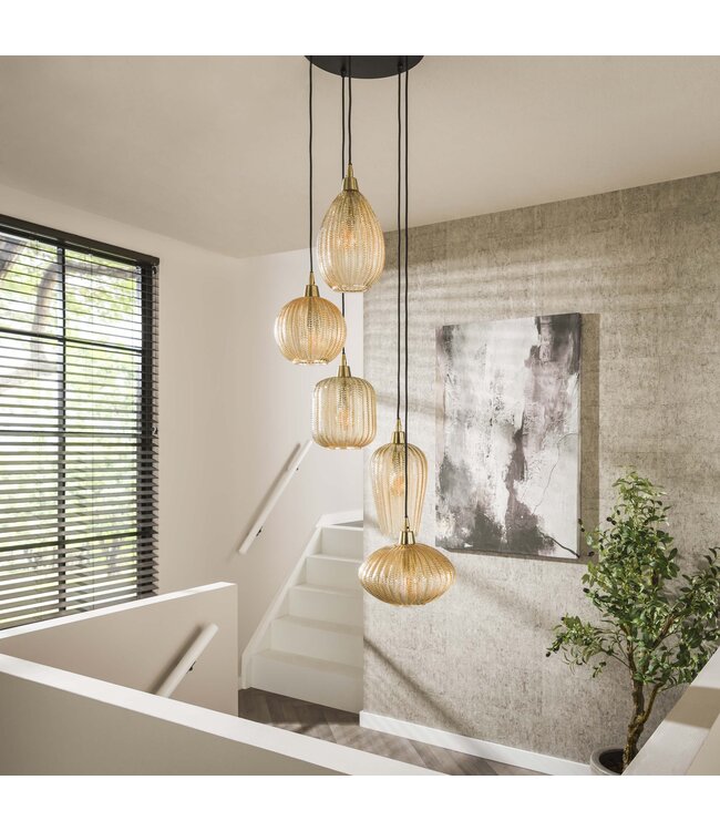 HELDR! Design-Pendelleuchte Ciara 5L - Bernstein Glas