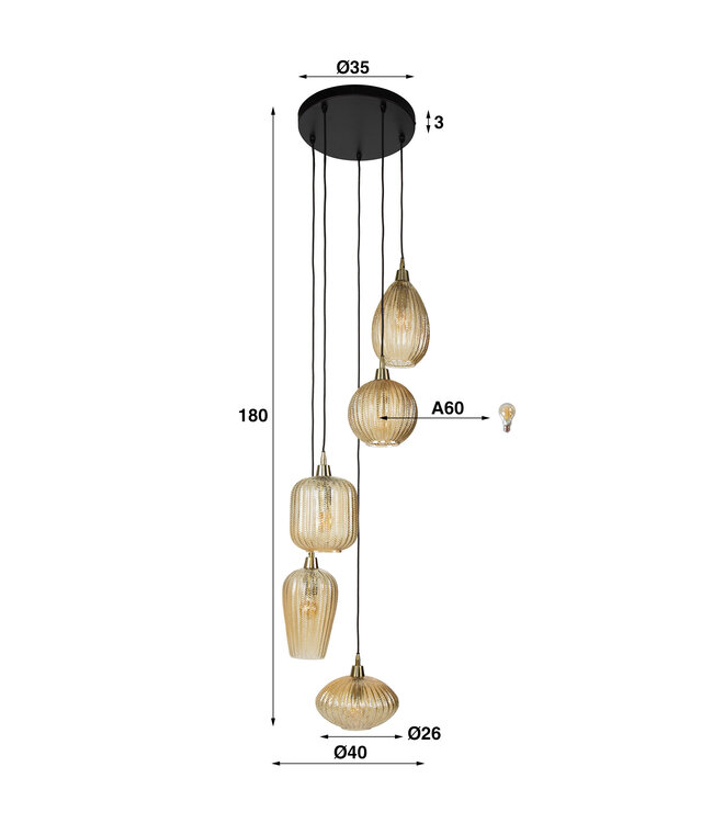 HELDR! Design-Pendelleuchte Ciara 5L - Bernstein Glas