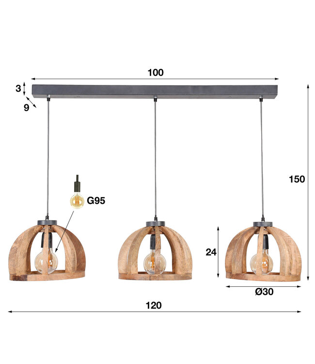 HELDR! Industrielle Pendelleuchte Icaro 3L - Mangoholz