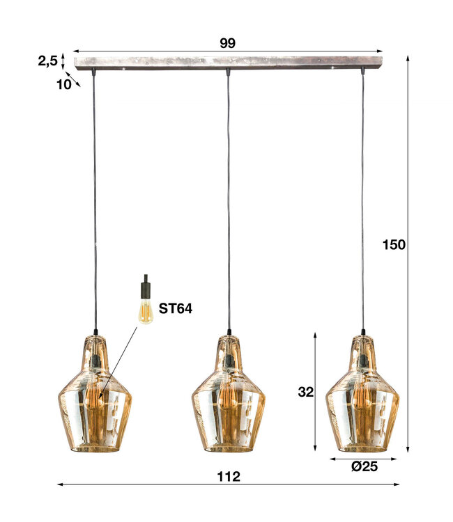 HELDR! Design-Pendelleuchte Mirona 3L - Bernstein Glas