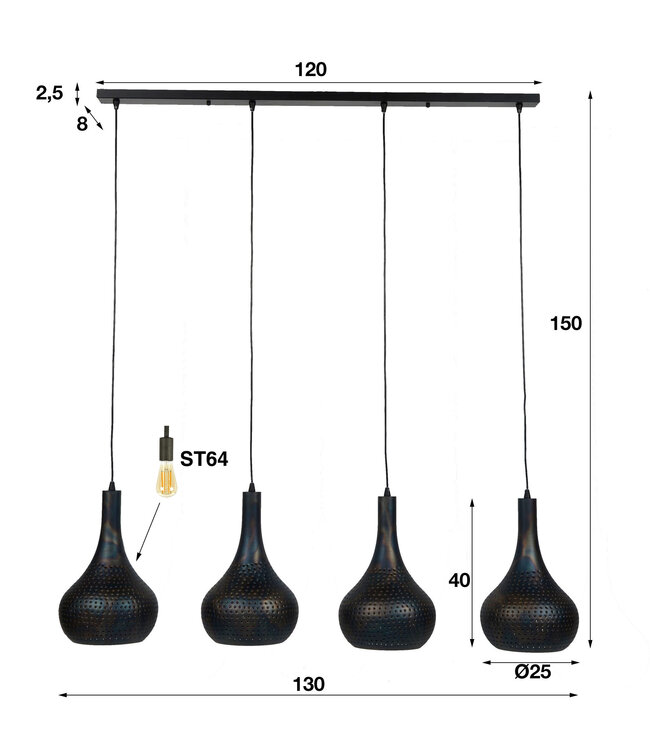 HELDR! Industrielle Pendelleuchte Viano 4L - Schwarz/Braun