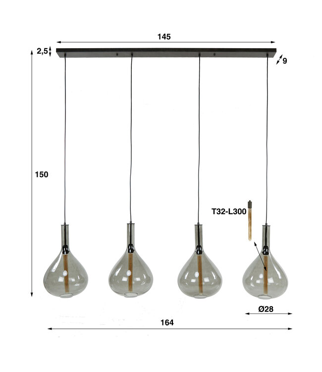 HELDR! Industrielle Pendelleuchte Zivari 4L - Rauchglas