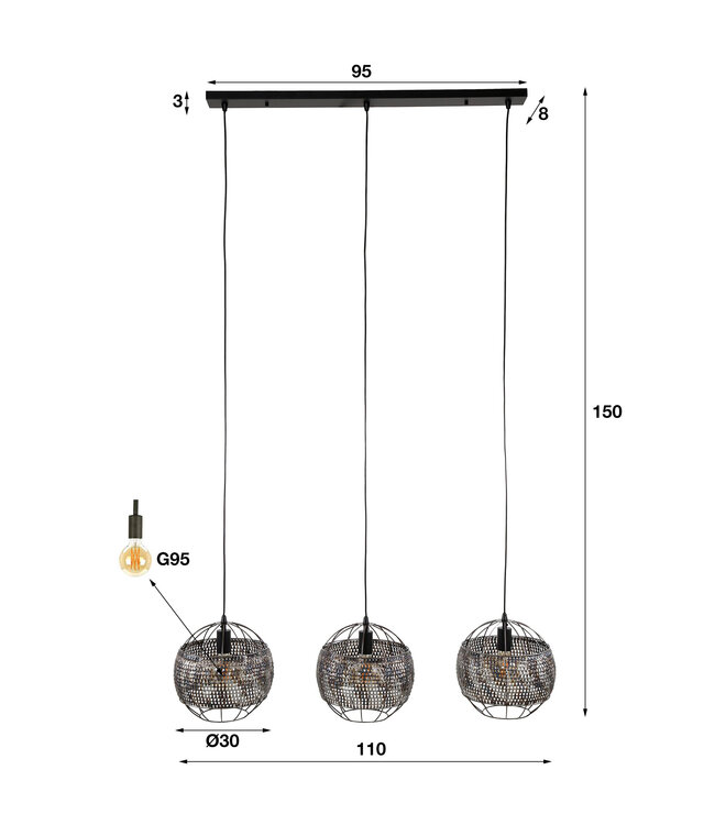 HELDR! Industrielle Pendelleuchte Bueno 3L - Schwarz/Braun