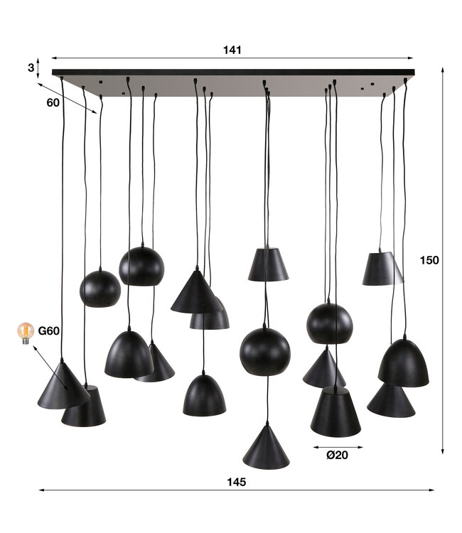 HELDR! Industrielle Pendelleuchte Elba 18L - Schwarz