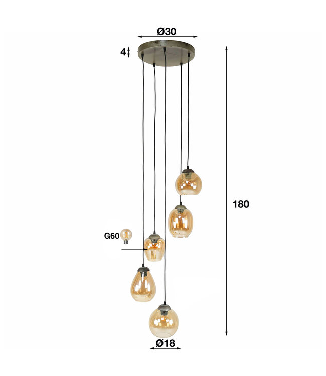 HELDR! Design-Pendelleuchte Nesta 5L - Bernstein Glas