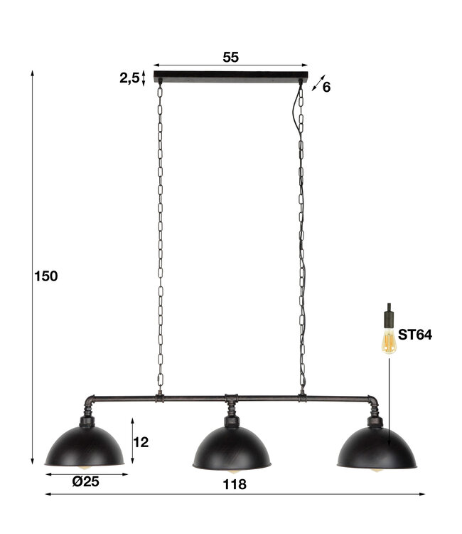 HELDR! Industrielle Pendelleuchte Serra 3L - Schwarz