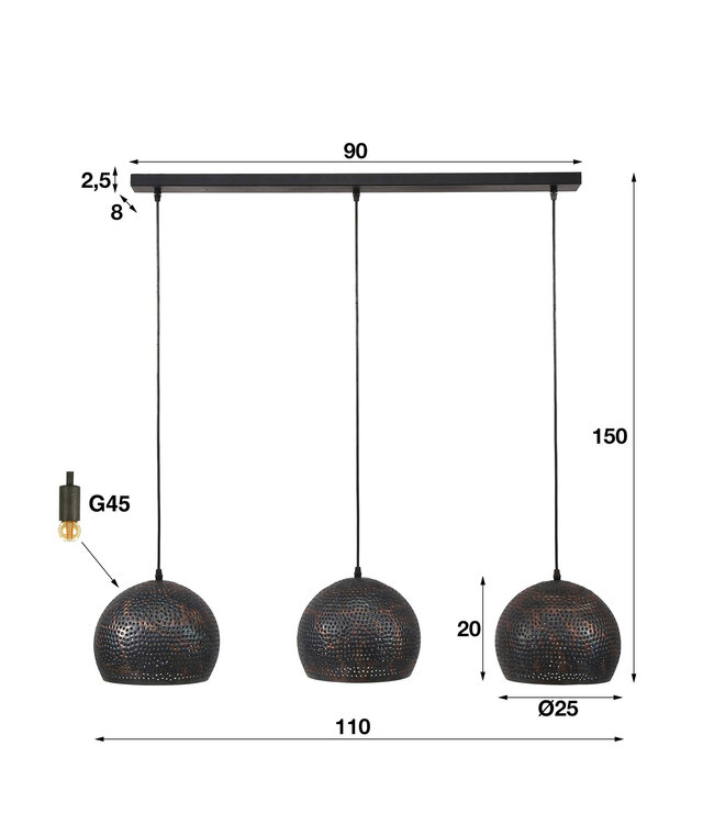 HELDR! Industrielle Pendelleuchte Tioni 3L - Schwarz/Braun