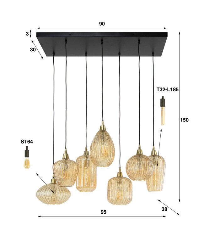 HELDR! Design-Pendelleuchte Ciara 7L - Bernstein Glas