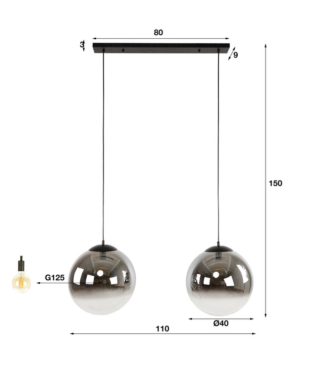 HELDR! Design-Pendelleuchte Sava 2L XL - Rauchglas/Transparent