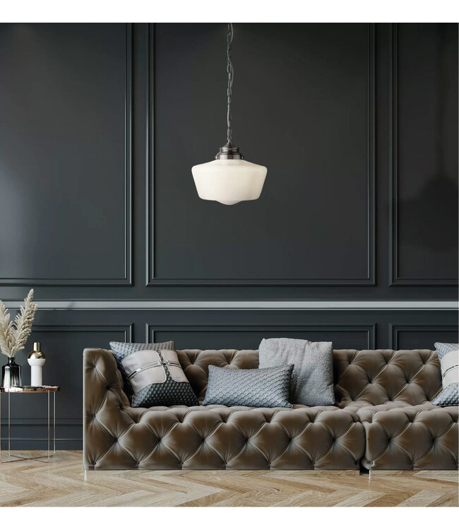 Searchlight Retro Pendelleuchte School House - Satinsilber/Opalglas