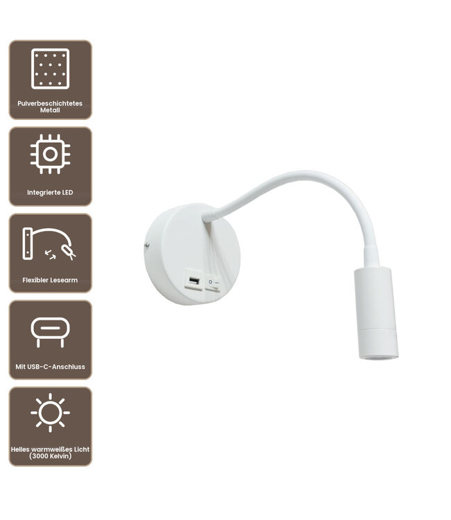 Artdelight Moderne LED-Leseleuchte Flex USB - Weiß