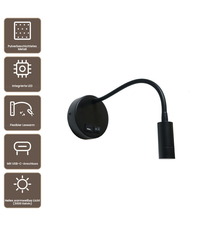 Artdelight Moderne LED-Leseleuchte Flex USB - Schwarz