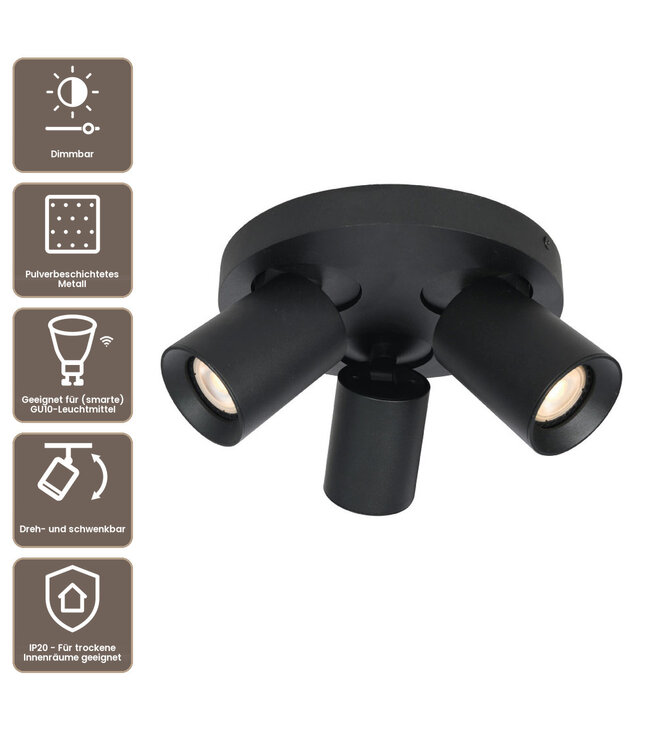 Artdelight Runder Deckenstrahler Megano 3L - Schwarz