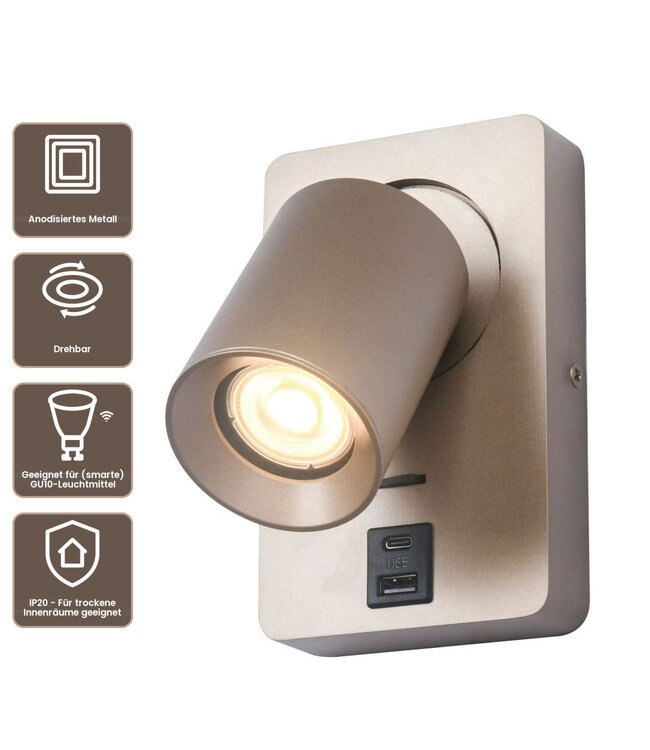Artdelight Moderner GU10-Wandspot Megano USB - Champagner