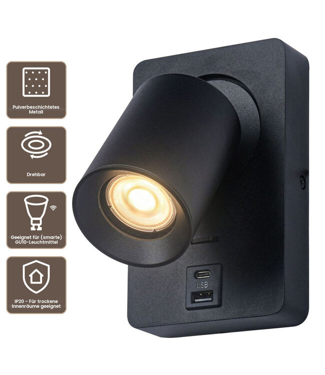 Artdelight Moderner GU10-Wandspot Megano USB - Schwarz