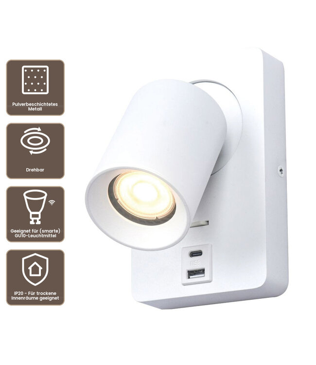 Artdelight Moderner GU10-Wandspot Megano USB - Weiß