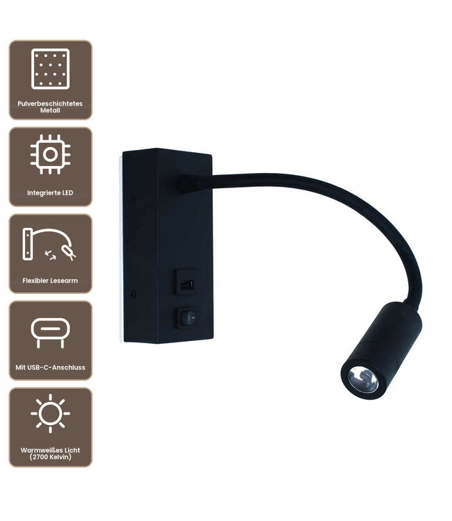 Artdelight Moderne LED-Leseleuchte Easy LED USB - Schwarz