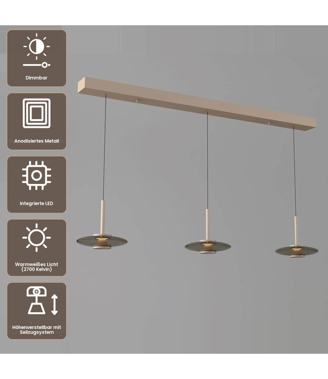 Artdelight Design-LED-Pendelleuchte Madison 3L - Champagner/Kaffee
