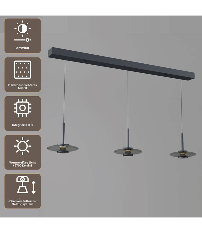 Artdelight Design-LED-Pendelleuchte Madison 3L - Schwarz/Rauchglas