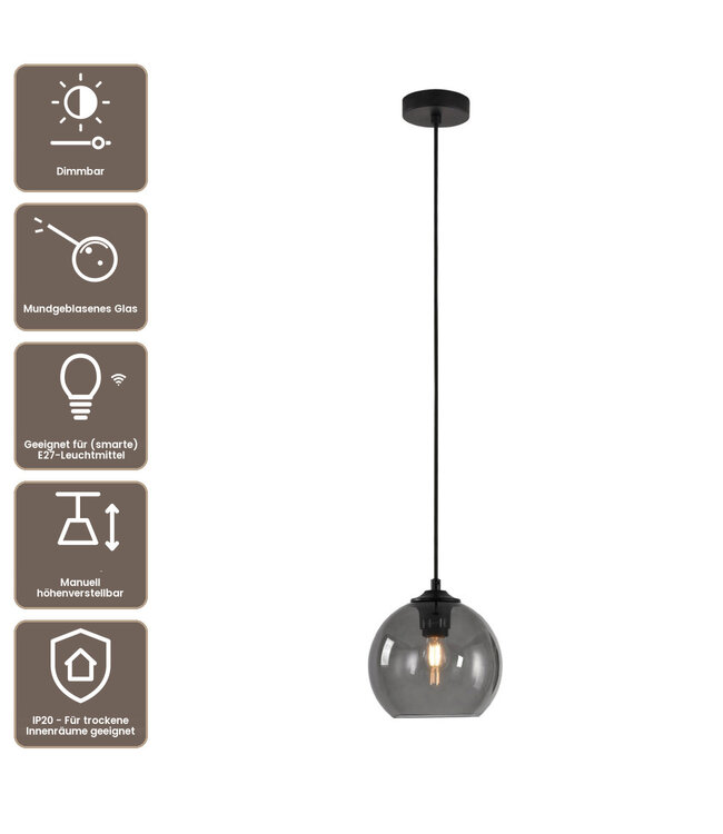Artdelight Glas-Pendelleuchte Marino 20 cm - Rauchgrau