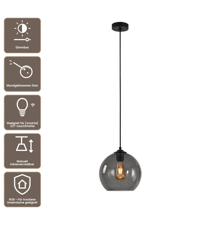 Artdelight Glas-Pendelleuchte Marino 25 cm - Rauchgrau