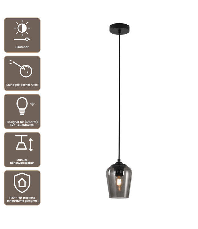 Artdelight Glas-Pendelleuchte Tombo 12,5 cm - Rauchgrau