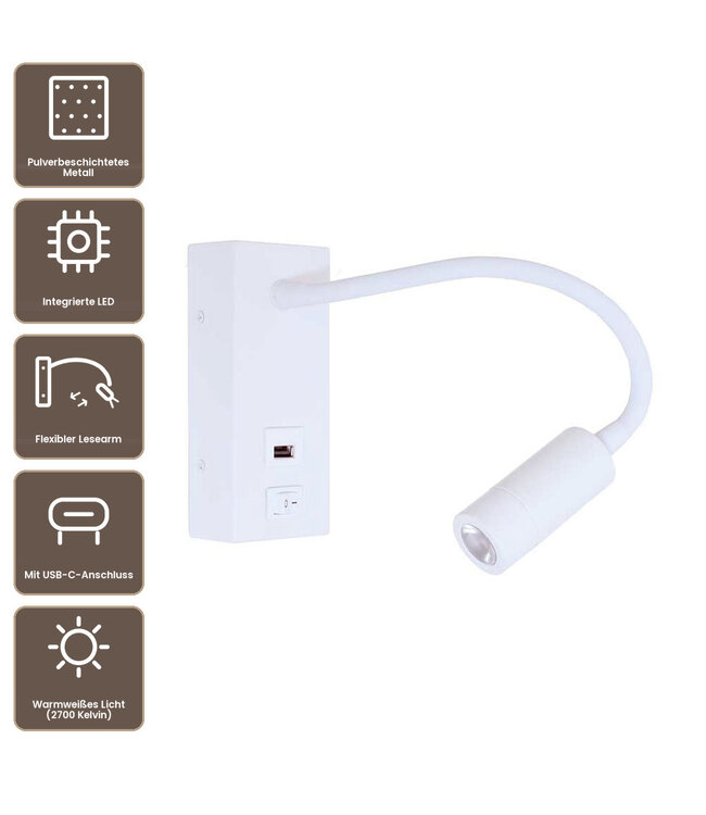 Artdelight Moderne LED-Leseleuchte Easy LED USB - Weiß