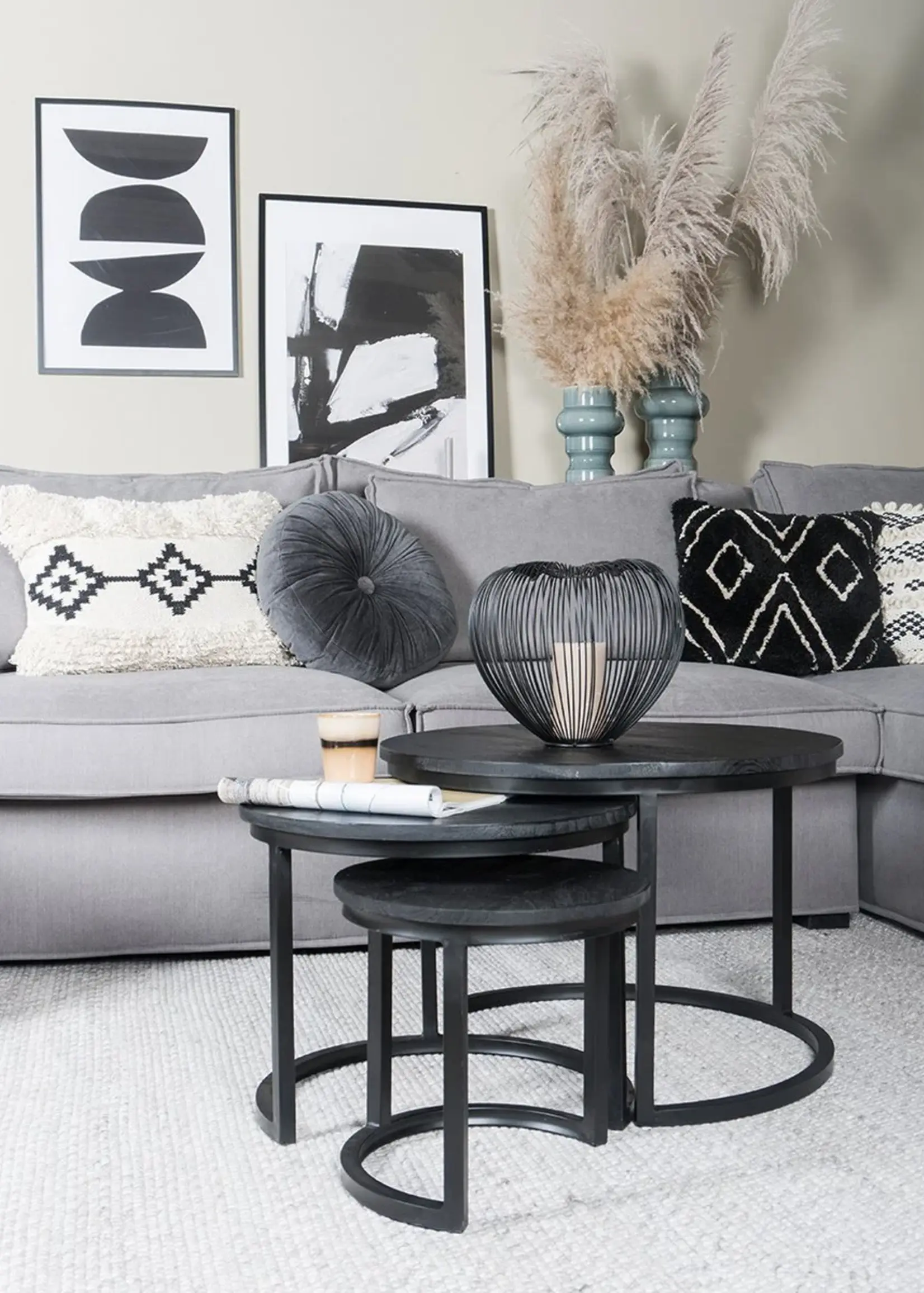 Home67 Salontafel Set van 3 – Industriële Salontafelset Erjan – Zwart blad
