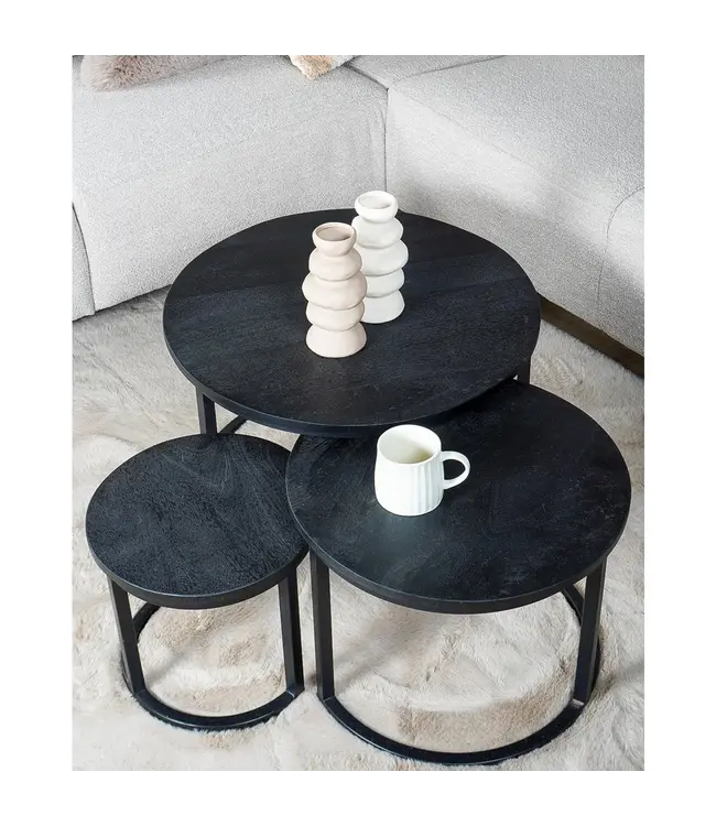 Home67 Salontafel Set van 3 – Industriële Salontafelset Erjan – Zwart blad