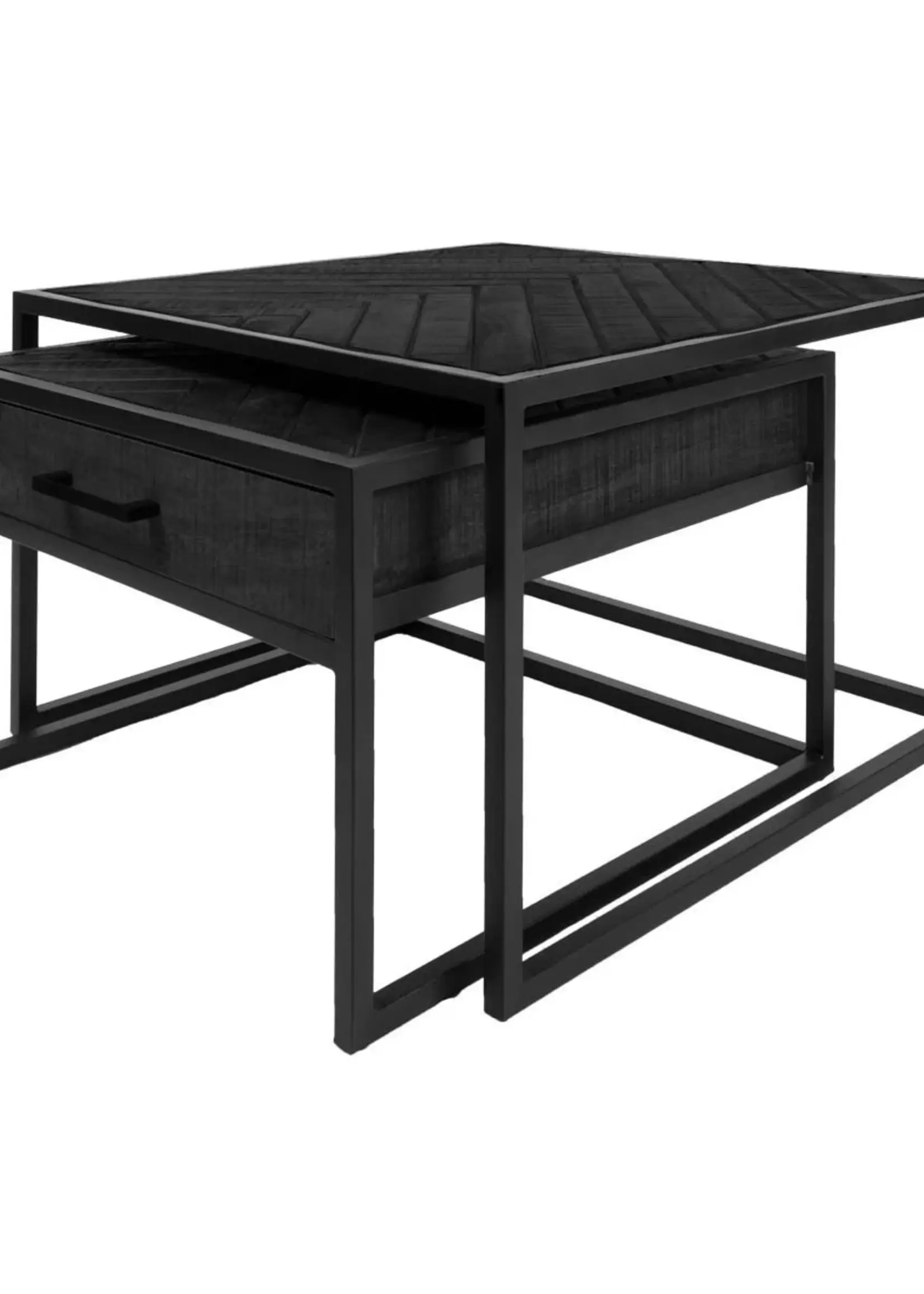 Home67 Salontafel Ruby Visgraat - Zwart Mangohout - Set van 2