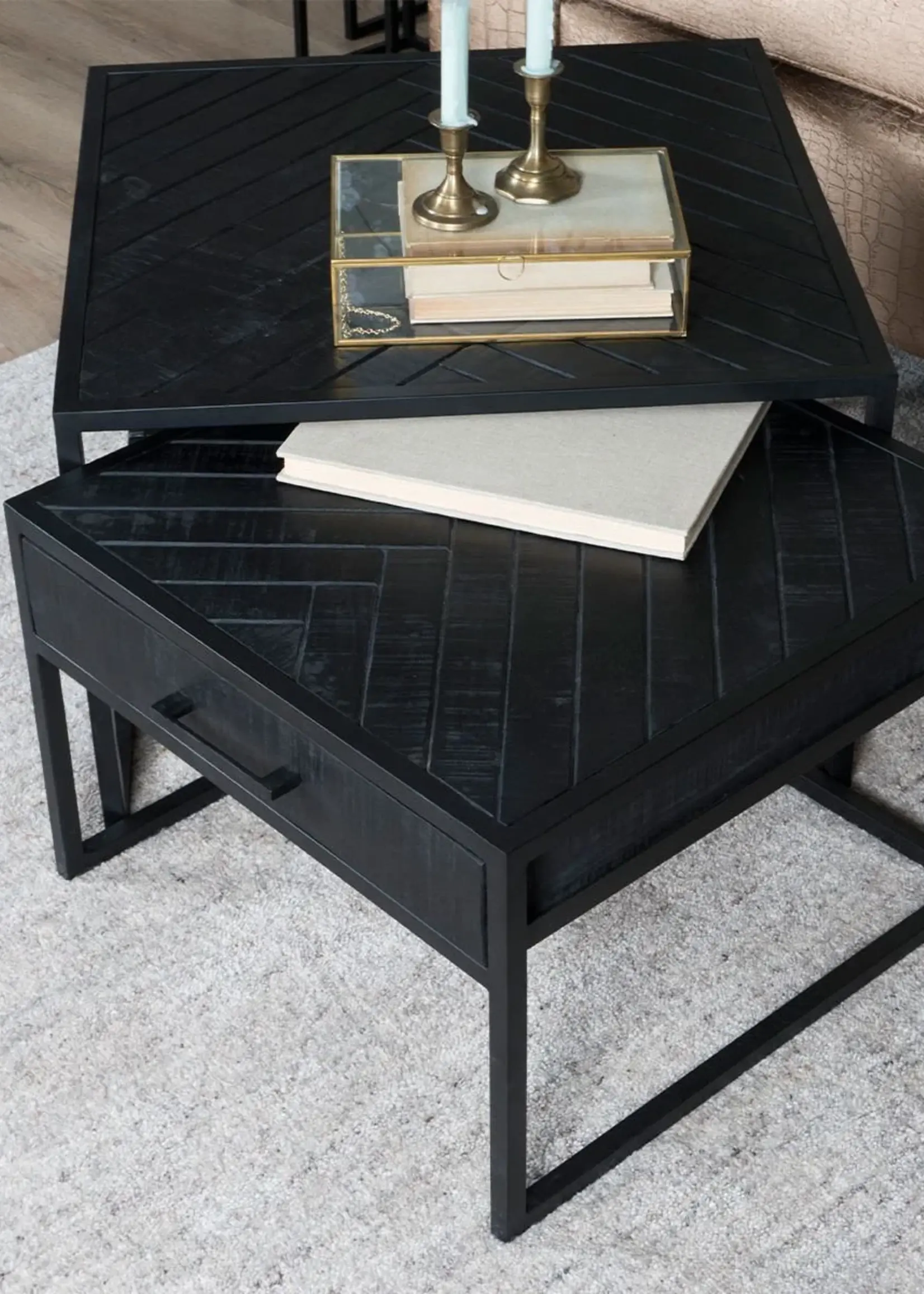 Home67 Salontafel Ruby Visgraat - Zwart Mangohout - Set van 2