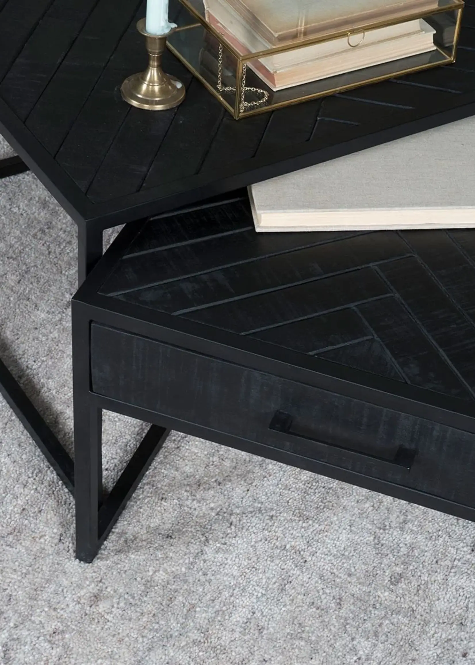 Home67 Salontafel Ruby Visgraat - Zwart Mangohout - Set van 2