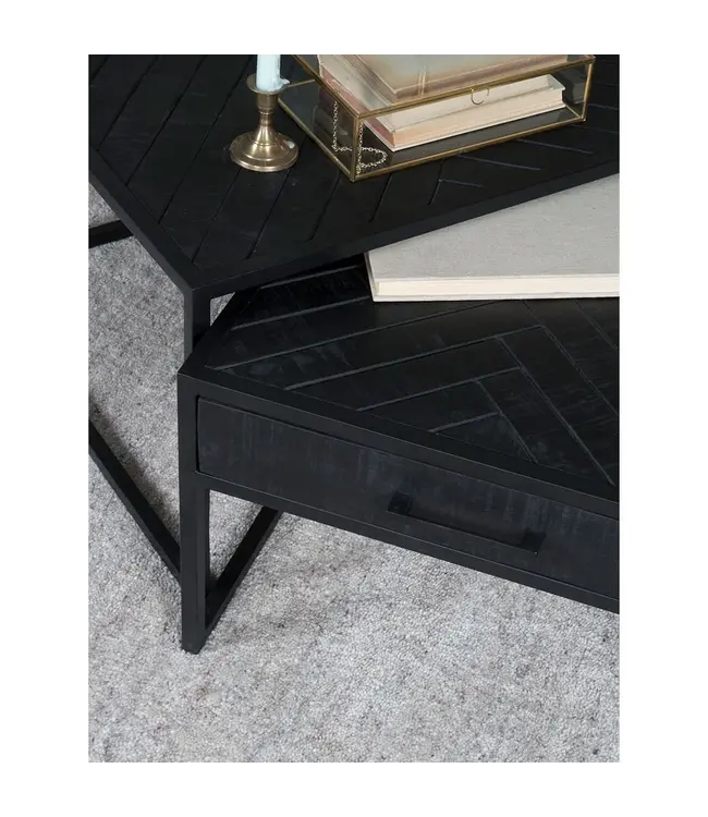 Home67 Salontafel Ruby Visgraat - Zwart Mangohout - Set van 2