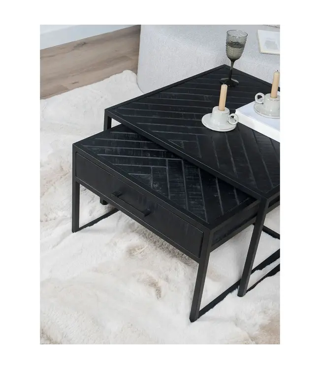 Home67 Salontafel Ruby Visgraat - Zwart Mangohout - Set van 2