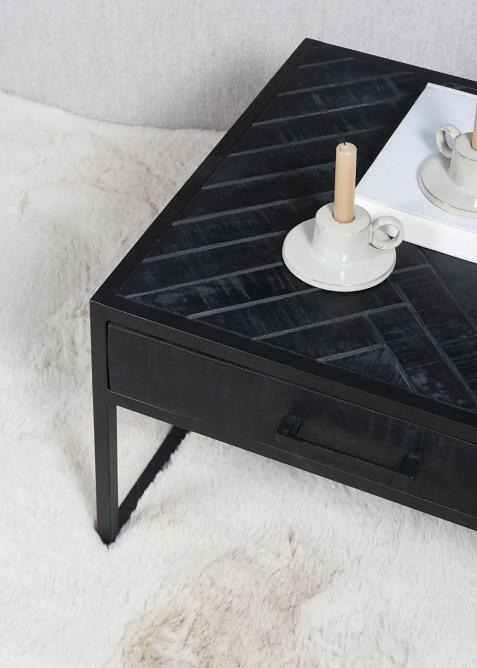 Home67 Salontafel Ruby Visgraat - Zwart Mangohout - Set van 2
