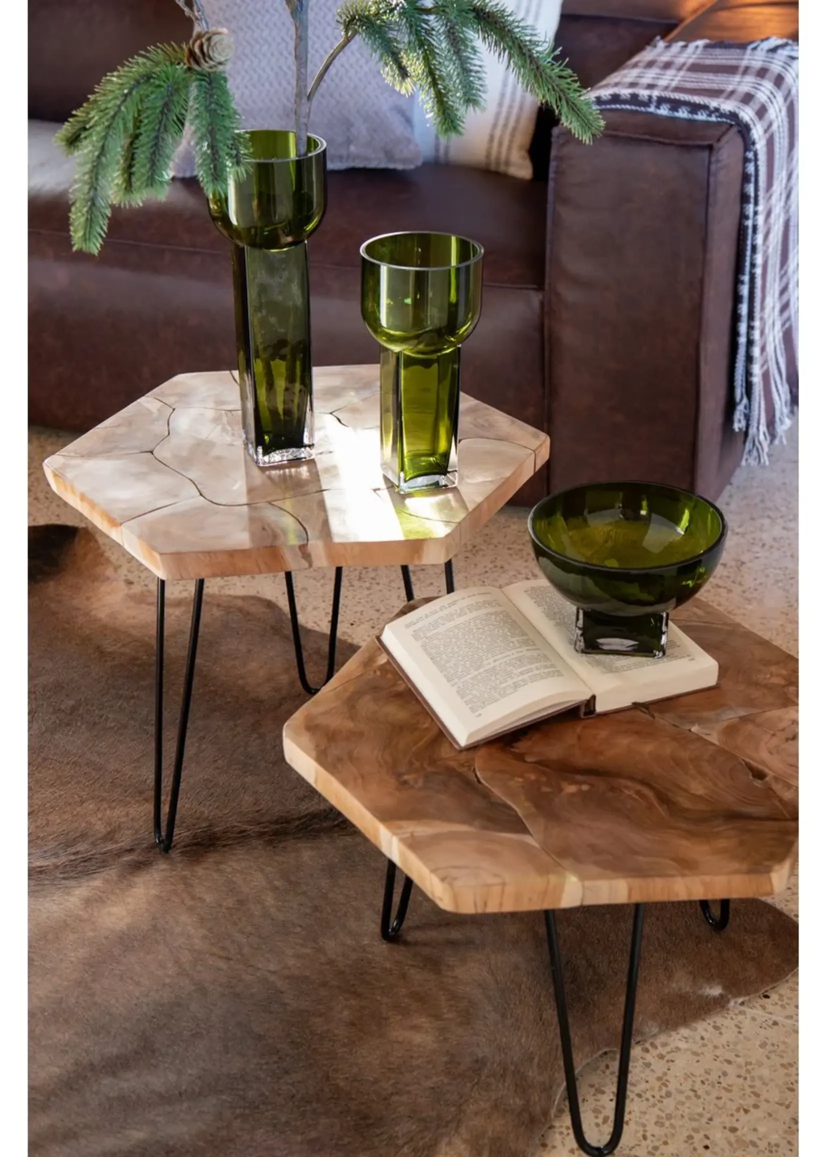 J-line  J-Line bijzettafel hexagon - hout/metaal - naturel - 2 stuks