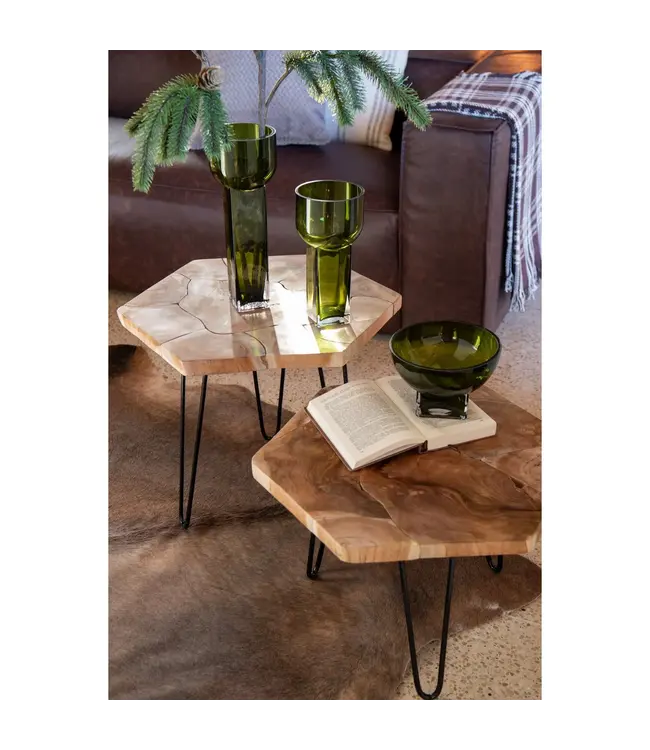 J-line  J-Line bijzettafel hexagon - hout/metaal - naturel - 2 stuks