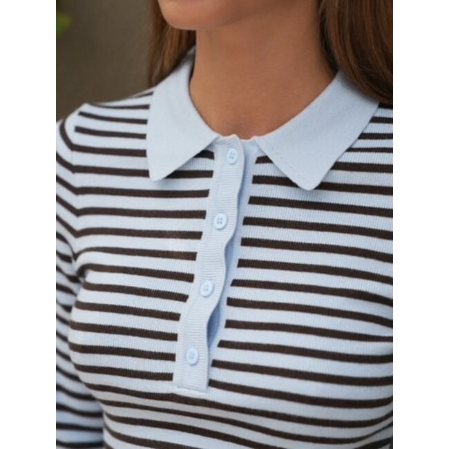 Neo Noir Fannya LS Striped Knit Polo 169865 665 - Light Blue