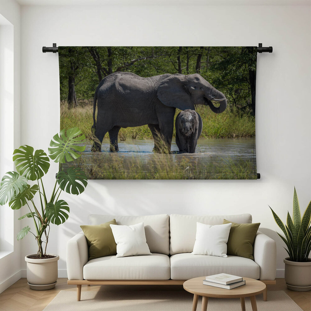 Baby olifant drinkend bij de moeder